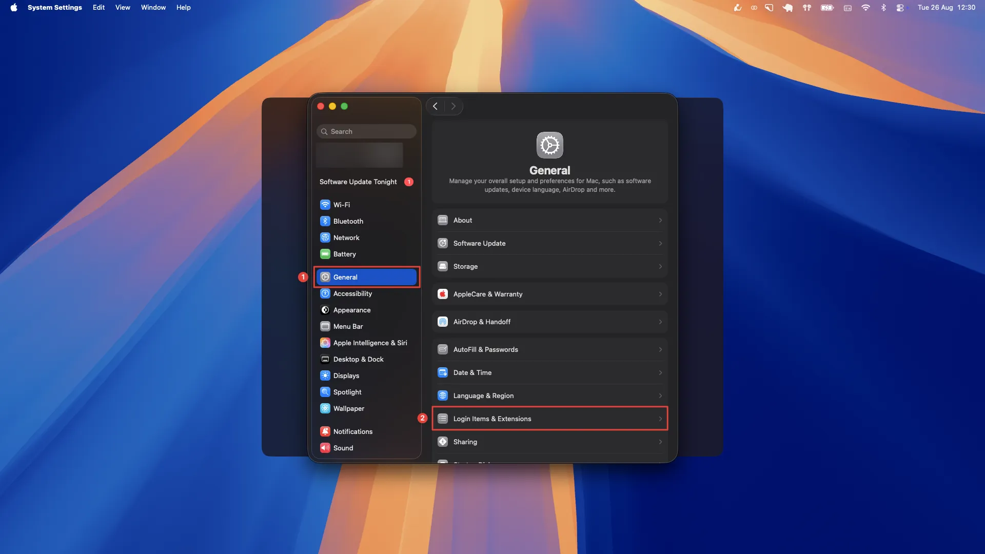 The second step of the tutorial: go into the Login Items & Extensions settings to enable Hyud.