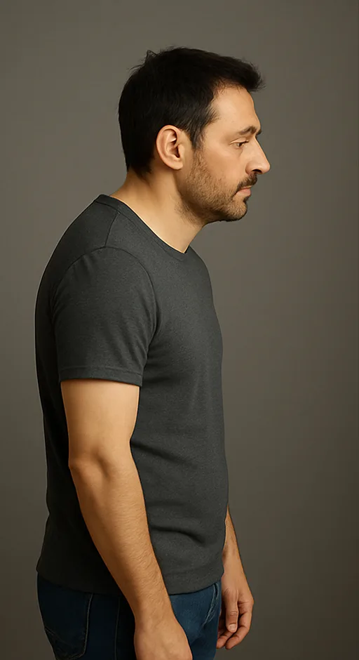 An image of a man standing with a bad posture. He doesn't look confident doesn't stand tall. His shoulders are heading forward and his has a Forward Head Posture (FHP).
